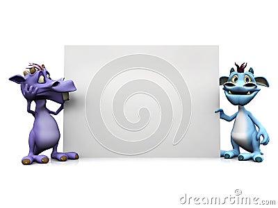 Two cute cartoon monsters holding big blank sign. Stock Photo