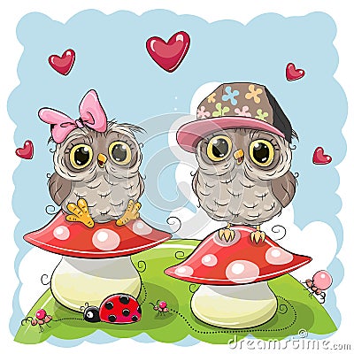 Two Cute Cartoon Owls on mushrooms Vector Illustration