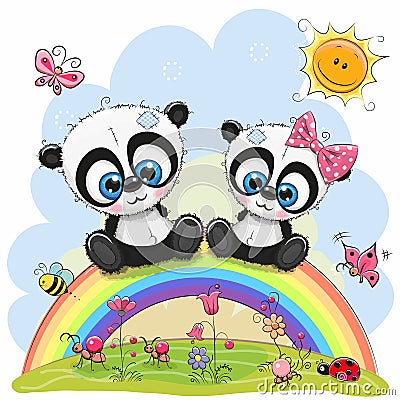 Two Pandas are sitting on the rainbow Vector Illustration