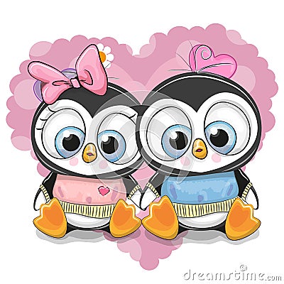 Two Cartoon Penguins on a background of heart Vector Illustration