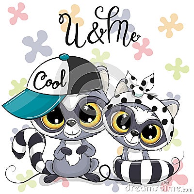 Two Cartoon Raccoons boy and girl with cap and bow Vector Illustration