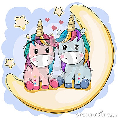 Two Cute Unicorns are sitting on the moon Vector Illustration