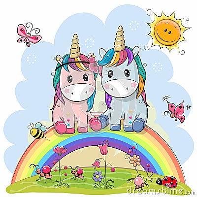 Two Cartoon Unicorns are sitting on the rainbow Vector Illustration