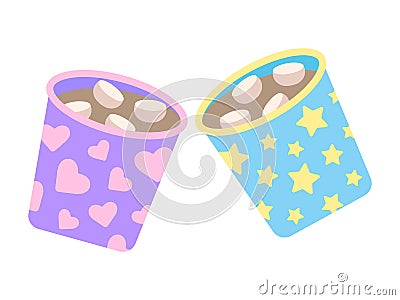 Two cute cheers cups with cocoa and marshmallows Vector Illustration