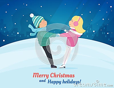 Two cute children skating at ice rink. Christmas Vector Illustration