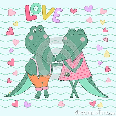 Two cute crocodiles fallen in love Vector Illustration