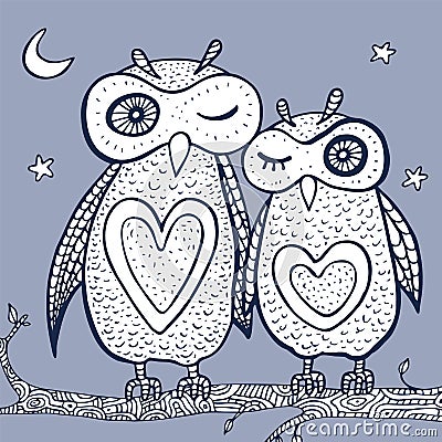 Two cute decorative owls. Vector Illustration