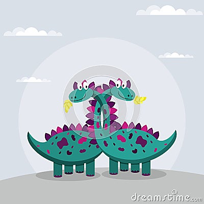 Two cute dinosaurs hugging long necks. vector illustration Vector Illustration