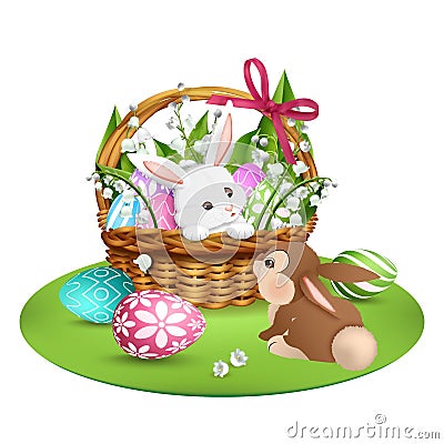 Two cute bunnies. Easter background. Vector Illustration