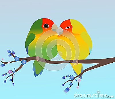 Two cute egg shaped peach faced lovebirds cuddling Vector Illustration