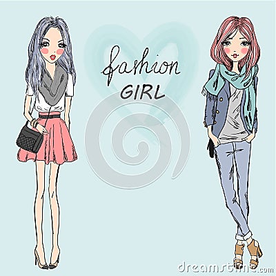 Two cute, fashion, cartoon girls. Vector Illustration