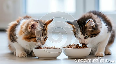 Two cute fluffy cats eats pet food from bowl. Kitten is not eating. Healthy food for pets. Stock Photo