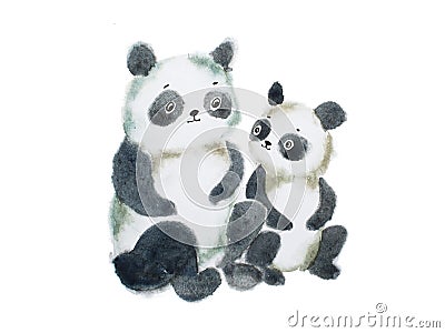 Two cute furry panda bears hand painted with watercolors Stock Photo