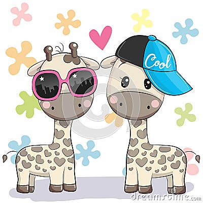 Two Cute giraffes with glasses and cap Vector Illustration