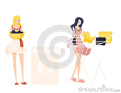Two cute girl cleaners. Blonde is going to wash clothes, keeps clothes in a basin and brunette hangs washed clean linen Vector Illustration