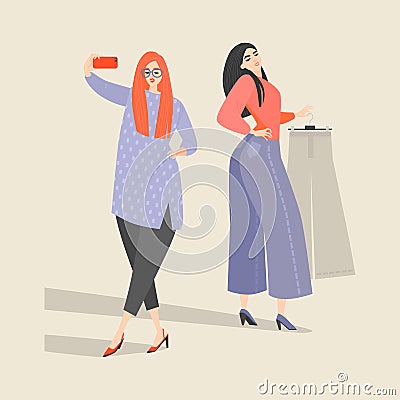 Two cute girls choose clothes in the store and take a selfie Vector Illustration