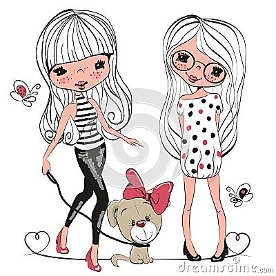 Two cute girls and a dog Vector Illustration