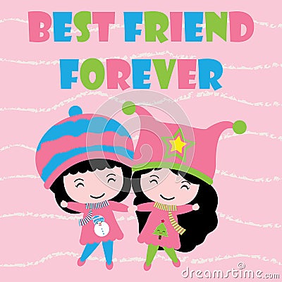 Two Cute girls on pink striped background cartoon, Kid postcard, wallpaper, and greeting card Vector Illustration