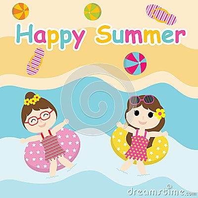 Two Cute girls play with swim ring on the beach cartoon, Summer postcard, wallpaper, and greeting card Vector Illustration