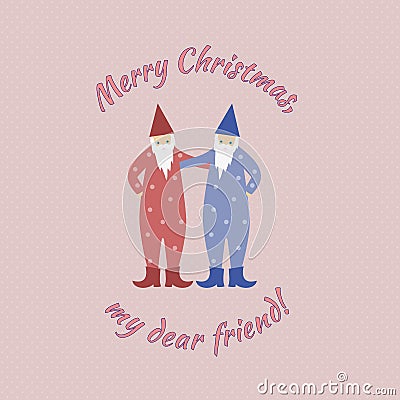 Two cute gnomes is hugging and congratulating each other Vector Illustration