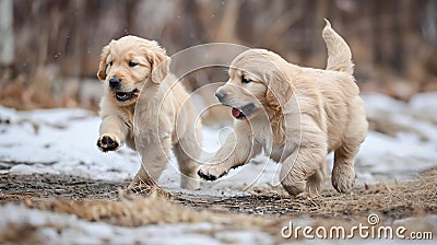Two cute golden retriever puppies playing Stock Photo