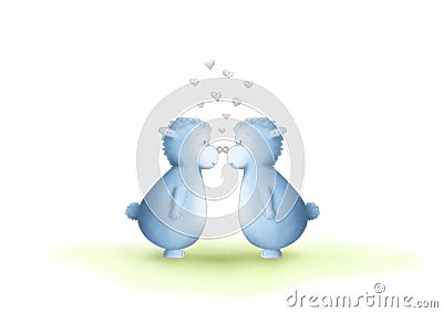 Two cute hand drawn, gender neutral, blue fantasy creatures, equal sexes, showing love by rubbing noses Stock Photo