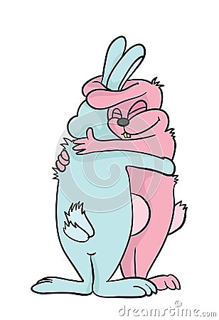 Two cute hugging cartoon rabbits or hares, vector illustration, isolated on white. Vector Illustration