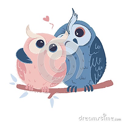 Two cute hugging owls in love web and print Vector Illustration