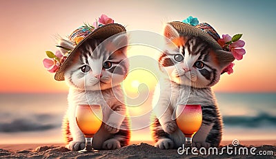 Two cute kittens with floral hats and glases of drinks at beach, generative AI Stock Photo