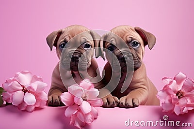 Two cute little dogs in spring flowers. Couple of two puppies in love on valentines day. Stock Photo