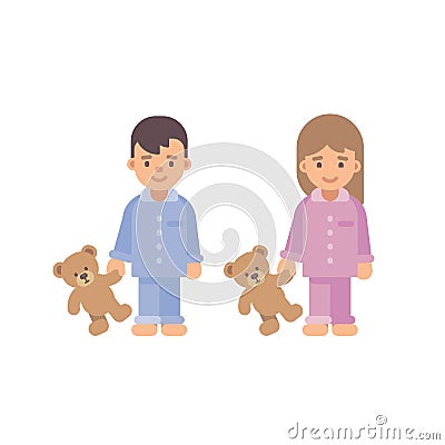 Two cute little kids in pajamas holding teddy bears. Boy & girl Vector Illustration