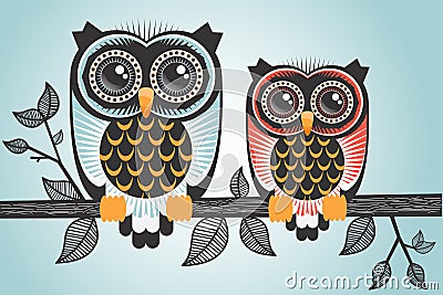 Two cute little owls Vector Illustration