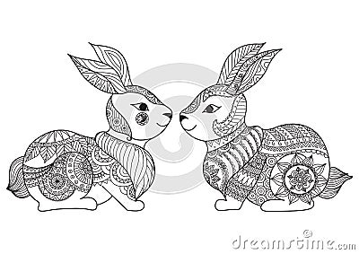 Two cute little rabbit line art design for coloring book, cards, t shirt design and so on Vector Illustration