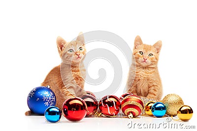 Two cute little red kittens sitting near colorful and sparkly Christmas toys and looking straight at camera Stock Photo