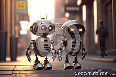 Two cute little robots walking on the street, illustration generated by AI Cartoon Illustration