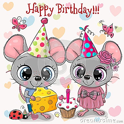 Two Cute Mouses and ladybug with balloon and bonnets Vector Illustration