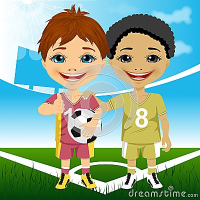 Two cute multiracial youth soccer players Vector Illustration