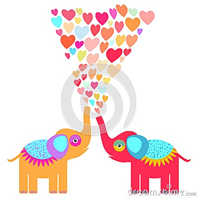 Two cute orange and red elephants with pink lilac blue orange heart on white background. Original invitation, greeting Vector Illustration