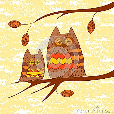 Two cute owls on the branch. Vector Illustration
