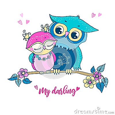 Two cute owls fallen in love Vector Illustration