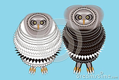 Two cute owls female and male next to each other Vector Illustration