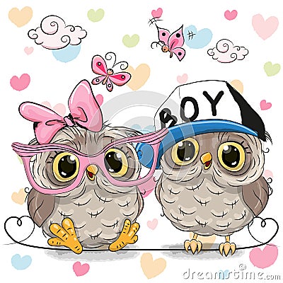 Two Cute Owls Vector Illustration