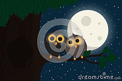 Two cute owls sit at branch under the moon Cartoon Illustration