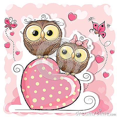 Two Cute Cartoon Owls and heart Vector Illustration