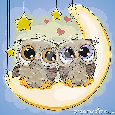 Two Cute Owls is sitting on the moon Vector Illustration