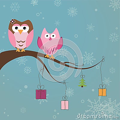 Two cute owls on the tree branch Vector Illustration