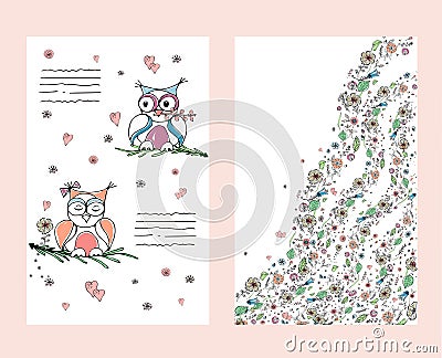 Two cute owls on the wrapper. Vector illustration. Vector Illustration