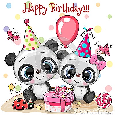 Two Cute Pandas and ladybug with balloon and bonnets Vector Illustration