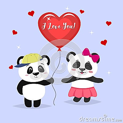 Two cute pandas stand, the boy is holding a red ball, girl panda in a pink skirt and with a bow, in cartoon style. Vector Illustration