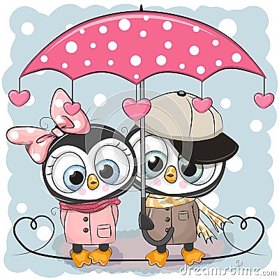 Two Cute Penguins with umbrella under the rain Vector Illustration